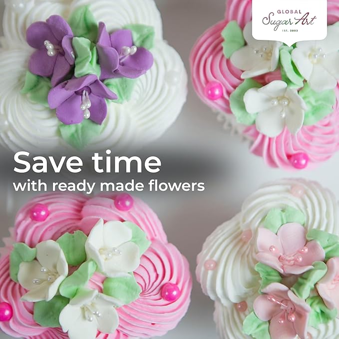 Global Sugar Art Blossom Sugar Wedding Cake Flowers with Pearl Stamens, White Unwired, 24 Count by Chef Alan Tetreault
