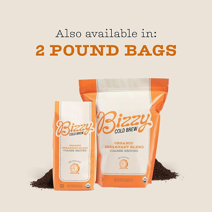 Bizzy Organic Cold Brew Coffee | Breakfast Blend | Coarse Ground Coffee | Medium-Light Roast | Micro Sifted | Specialty Grade | 100% Arabica | 1 LB