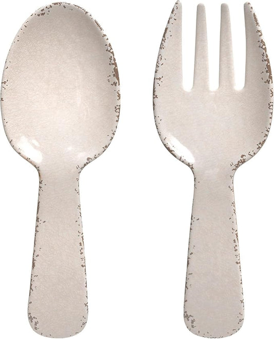 UPware Crackle Melamine Salad Servers, Serving Utensil Set, Includes Serving Fork and Spoon for Tossing Salad, Pasta, Cream, 10.75 Inch, Set of 2