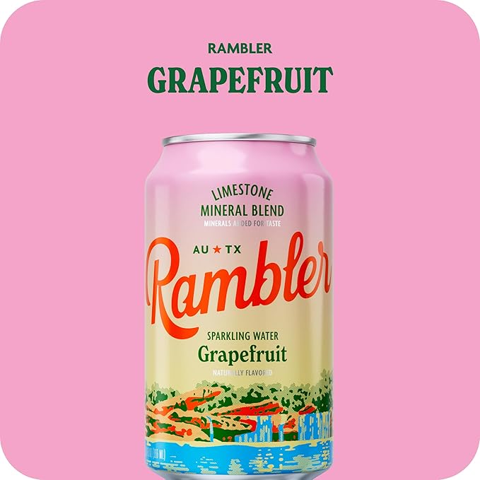 AUTX RAMBLER Sparkling Water, Texas Limestone Mineral Blend, Grapefruit Flavor, 12-Ounce Cans, Three 8-Packs (24 Cans)