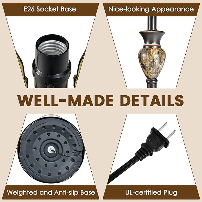 Tangkula Table and Floor Lamp Set, 3-Piece Traditional Style Lamp Set with Linen Fabric Lamp Shades and Weighted Bases for Living Room, Bedroom, 29” and 61” (H)