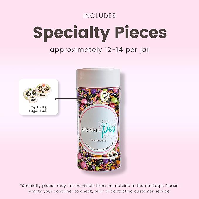 Sprinkle Pop Dia De Los Muertos Sprinkle Mix| Black Pink Purple Lime Orange Sprinkles| Halloween Sprinkles with ~12 Day of the Dead Sugar Skulls Made in USA for Decorating Cake Cookies Cupcakes, 4oz