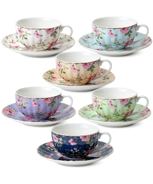 BTaT- Floral Tea Cups and Saucers Set of 6 (7 oz), Porcelain Tea Cups Set of 6, Modern Midnight