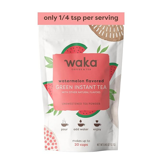 Waka Instant Green Tea Mix, Watermelon Flavored - 100% Tea Leaves, No Additives, Unsweetened Sample/Travel Size Tea Powder - Easy Quick Hot and Iced Teas, Up to 20 Cups or 5 Quarts (.45oz)