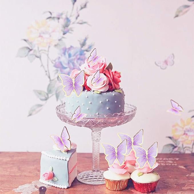 30pcs Purple Gold Edge Mixed Size Lively 3D Waterproof Butterfly Cupcake Topper for Girls Women's Happy Birthday Wedding Party Cake Wall Party Food Decorations