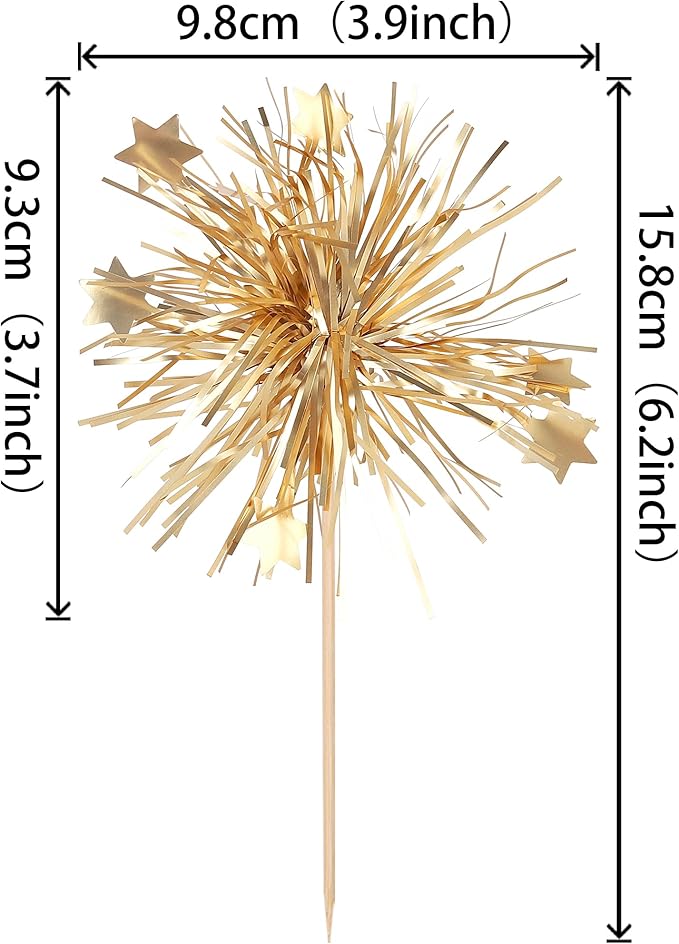 Rsstarxi 30 Pack Birthday Cupcake Toppers Gold Firework Cupcake Toppers Sparkle Tinsel Flower Drink Stirrers Cocktail Food Toothpicks for Valentine's Day Party Cake Decorations