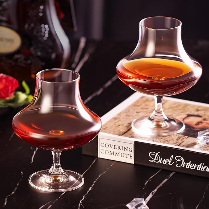 KAMMAK Short Glasses,9.4oz Crystal Cognac Glasses Set of 2, Brandy Glass with Short Stem, Elegant Clear Snifters Glasses Ideal for Outdoor, Wedding, Party, Birthday, Anniversaries, Christmas
