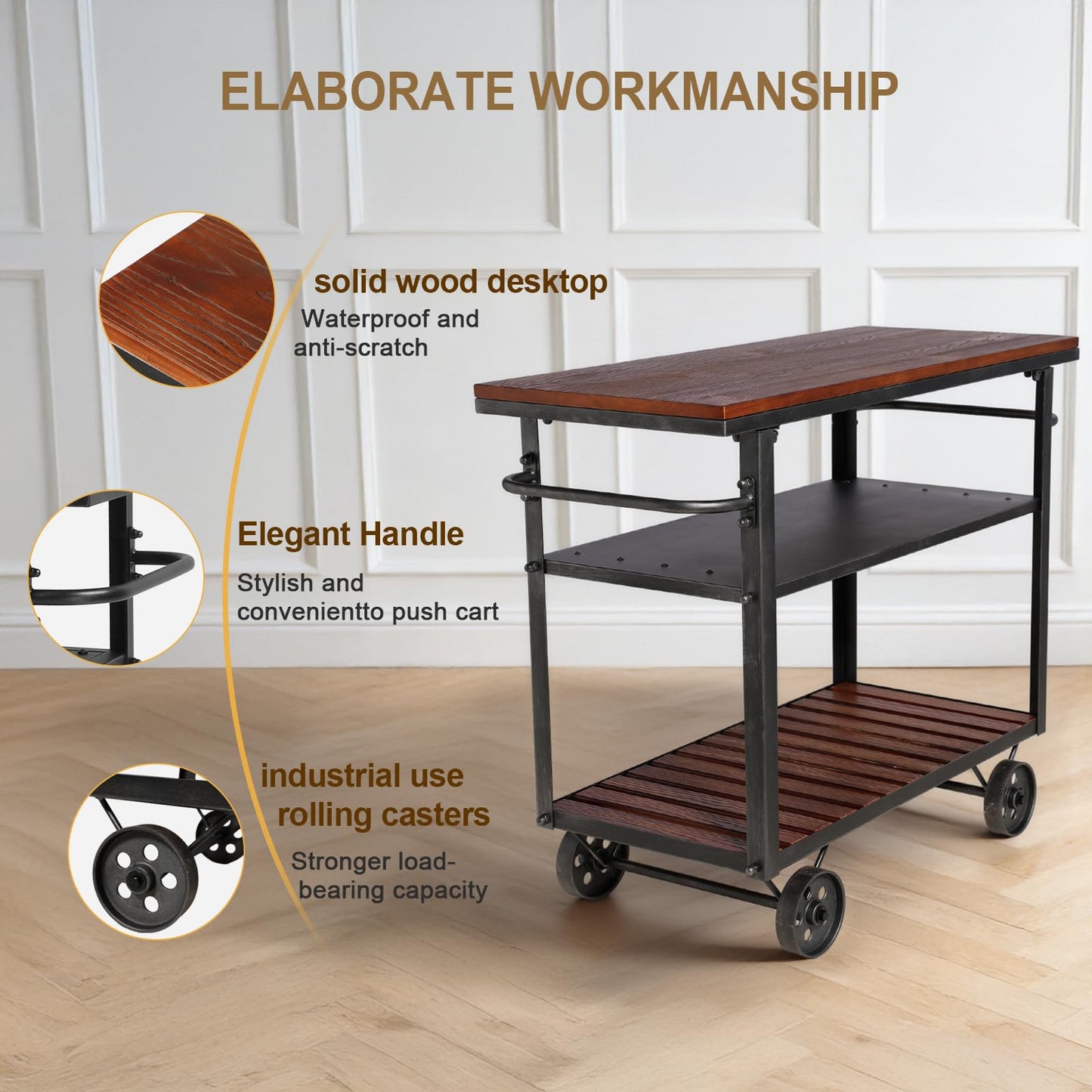 BOKKOLIK Vintage Rolling Bar Cart on Wheels Industrial Mobile Serving Cart Metal and Wood Design