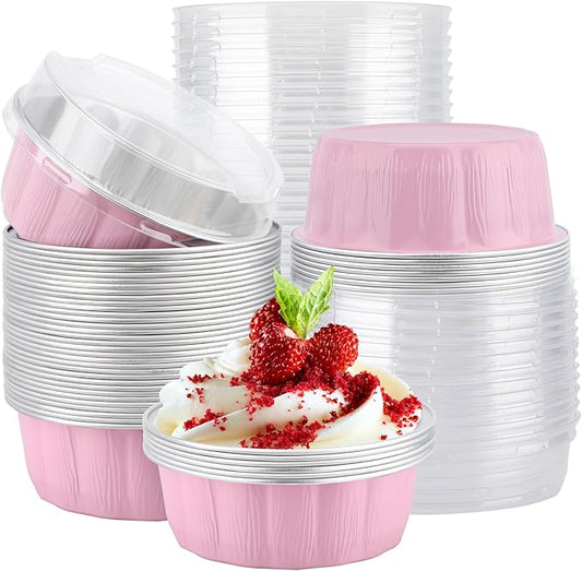 EUSOAR Cheesecake Container, 50pcs 9oz Pink Creme Brulee Ramekins Disposable, Aluminum Baking Cups with Lids Cupcakes Bread Pudding Round Holders Pan Tin for Wedding Birthday Theme Party