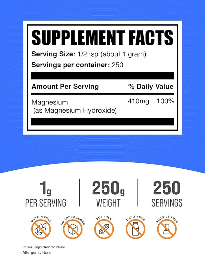 BulkSupplements.com Magnesium Hydroxide Powder - Magnesium Hydroxide Supplement - Food Grade & Gluten Free, 1g per Serving, 250g (8.8 oz) (Pack of 1)