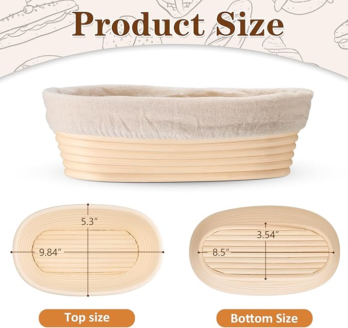 P&P CHEF Sourdough Bread Proofing Basket Set of 4, 10 Inch Oval Dough Proofing Bowls, Sourdough Bread Baking Supplies for Bakers, Handmade Rattan Baskets with Cloth Liner