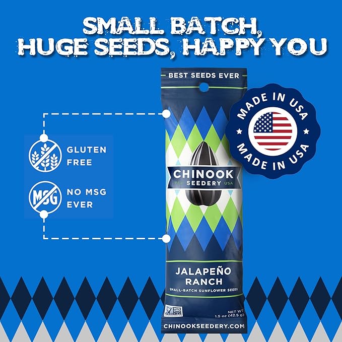 Chinook Seedery Roasted Sunflower Seeds to Eat - 1.5 oz (Pack of 36) Jalapeno Ranch - Jumbo Low Sodium Sunflower Seeds Keto Snacks - Adventure, Baseball, School Snacks - Gluten Free, Non GMO Snacks