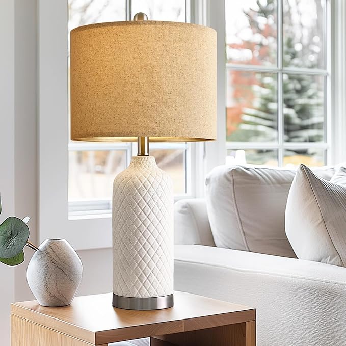 24.25" Single Table Lamp for Bedroom Modern Ceramic Nightstand Lamp White Bedside Lamp Boho Living Room Lamp Farmhouse Bedroom Lamp Side Table Lamp End