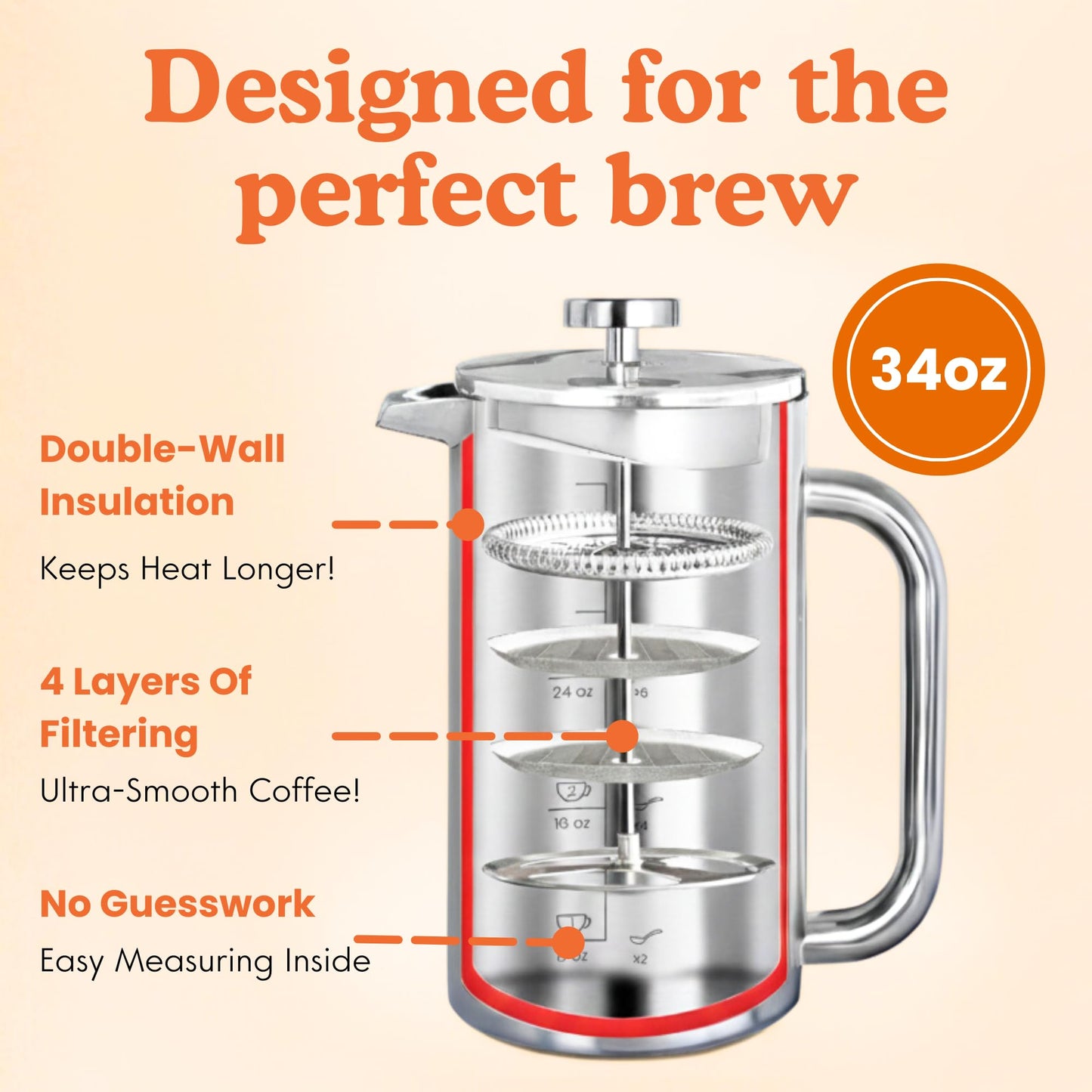 Non-Toxic Stainless Steel French Press, No Plastic or Heavy Metals, 34 oz