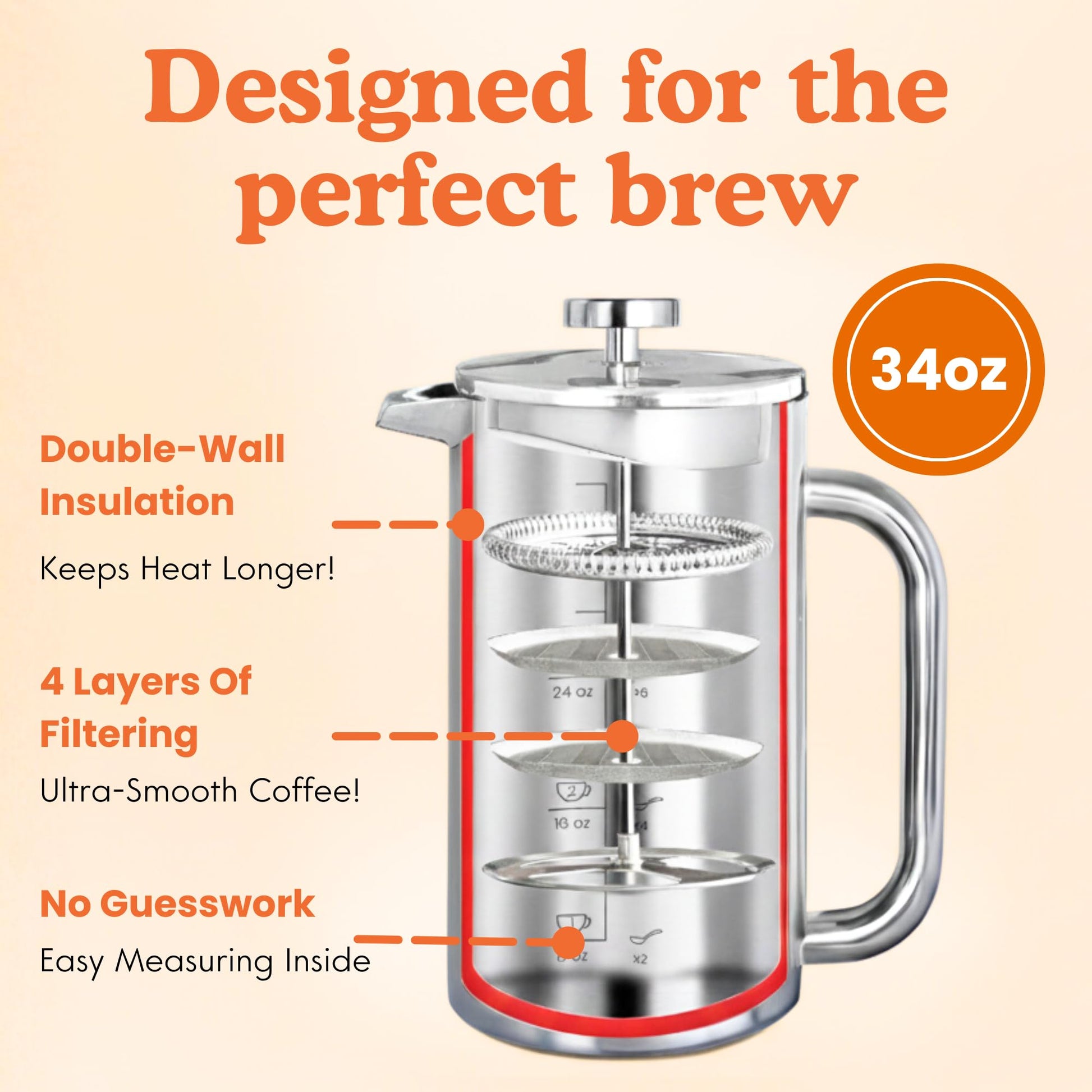 Non-Toxic Stainless Steel French Press, No Plastic or Heavy Metals, 34 oz
