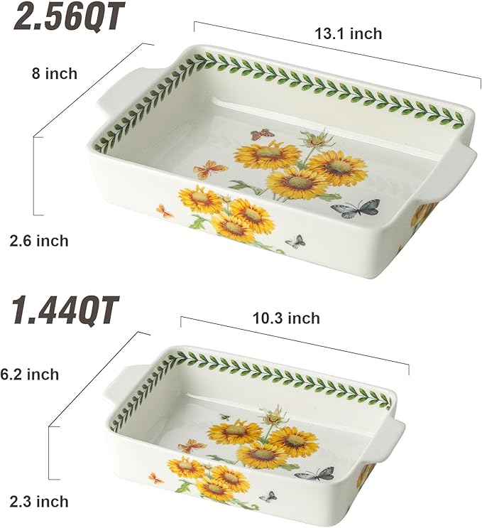 Ceramic Baking Casserole Dish with Handles, Large 8x13 inch & 6x10 inch Pan and Middle Baking Pan - Porcelain Serving Bakeware Set (Sunflower)