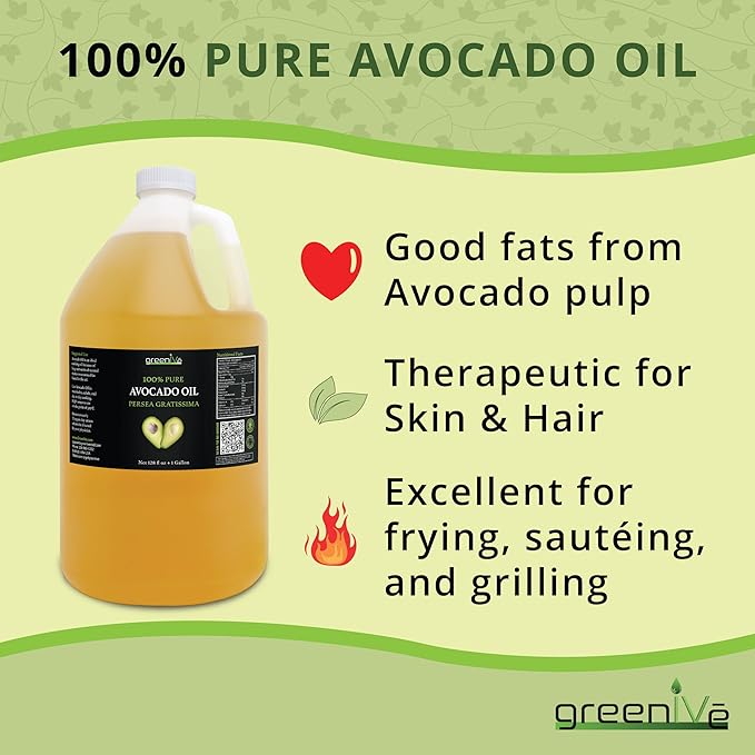 GreenIVe Avocado Oil Naturally Grown 100% Pure Natural without Additives, Clean, Cold Pressed, Non-GMO, Vegan: For Cooking, Frying, Baking and for Sauces, Dressings, Marinades, Salads (1 Gallon)