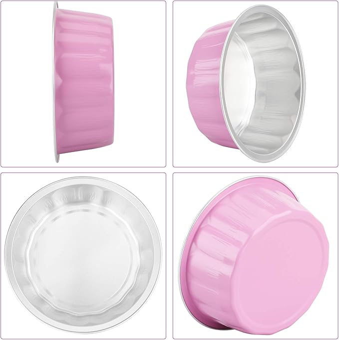 Beasea 8 oz 50 Pack Disposable Ramekins with Lids - Pink Aluminum Foil Cups for Creme Brulee, Muffin, Cupcake, Pudding, Party, Wedding, Birthday Baking