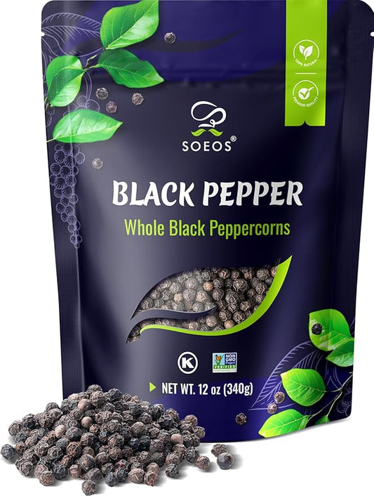 Soeos Black Peppercorns, 12oz (Pack of 1), Whole Black Pepper, Non-GMO, Kosher, Freshly Peppercorn Bulk, Packed to Keep Peppers Fresh, Ready to Use Corns for Grinder Refill