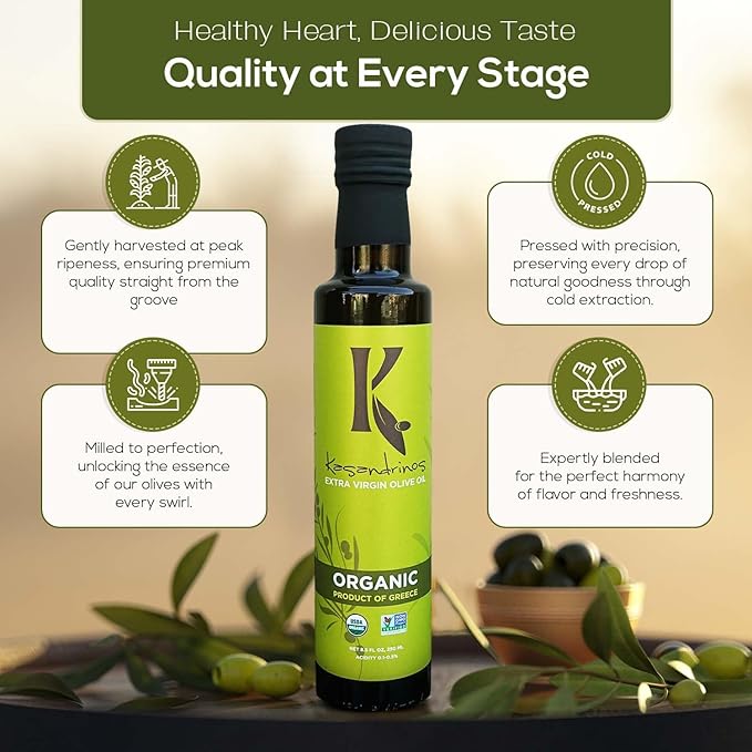 Kasandrinos Organic Olive Oil Extra Virgin, Polyphenol Rich Greek Olive Oil, 100% Organic First Cold Pressed, Mild + Delicate Flavor, Verified by Non GMO, 250 ml / 8.5 oz (Pack of 2)