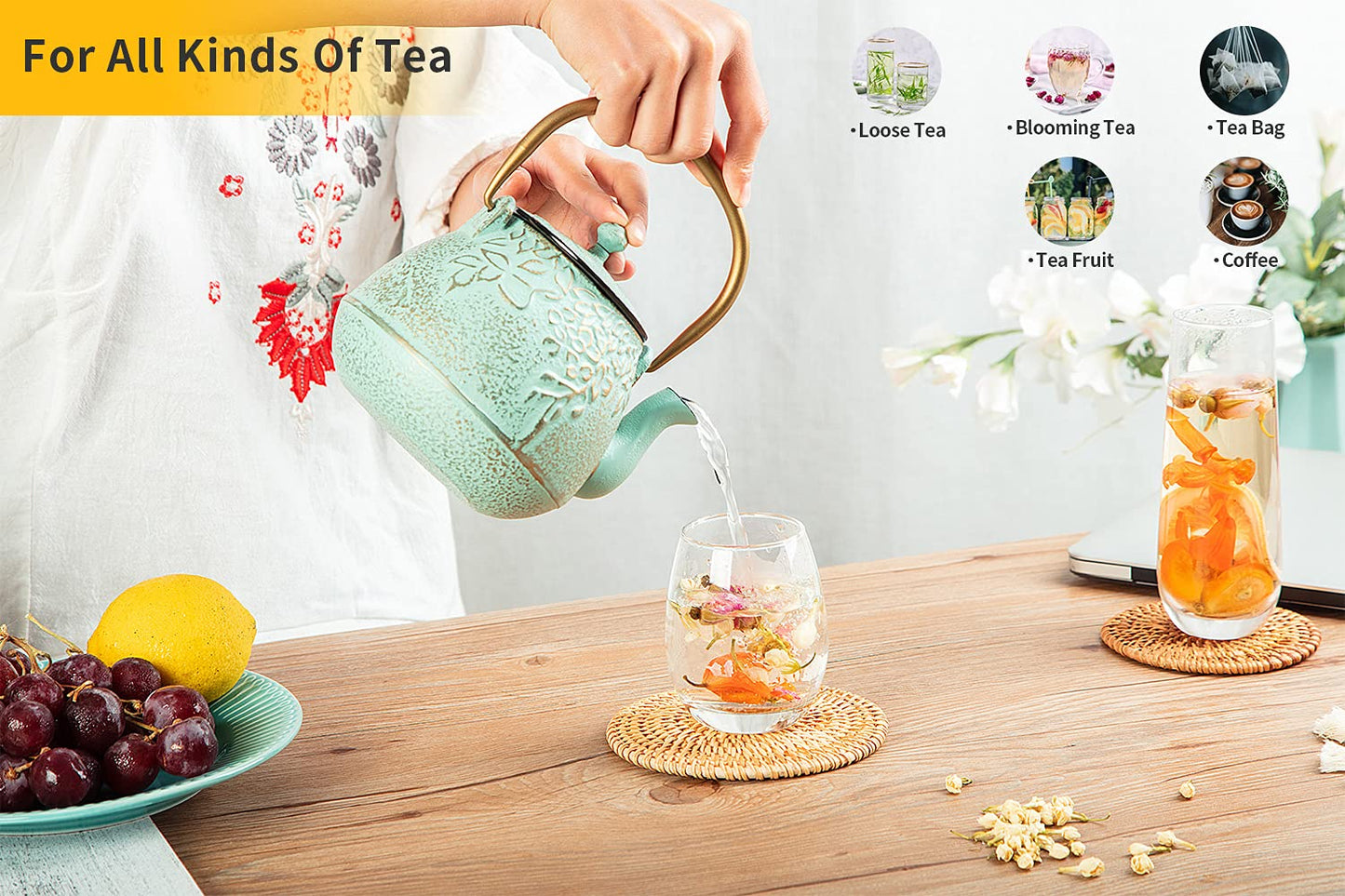 TOPTIER Japanese Teapot with Stainless Steel Infuser, Cast Iron Tea Kettle Stovetop Safe, Leaf