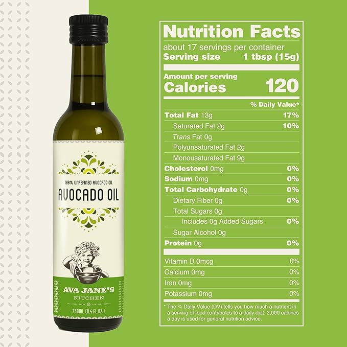 AVA JANE'S KITCHEN - Extra Virgin Avocado Oil - 100% Cold Pressed, Natural, & Unrefined - 480째F High Smoke Point, Rich in Potassium & Vitamins - Creamy & Buttery Taste - 2 Bottle Pack, 8.4 fl oz each