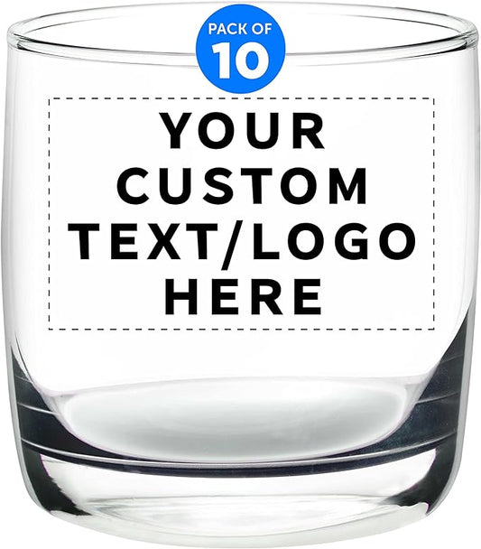 DISCOUNT PROMOS Custom Whiskey Glasses 10 oz Set of 10, Personalized Bulk Pack - Heavy Base Old Fashioned Glass, Perfect for Scotch, Bourbon, Whiskey, Cocktail - Clear Bottom Color