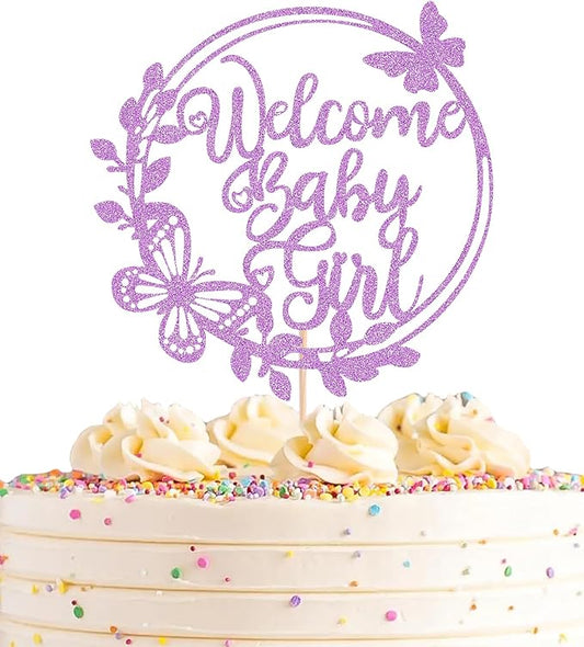 Welcome Baby Girl Cake Topper - Light Purple Glitter Baby Shower Cake Decorations, Baby Girl Cake Decor, for Baby Shower/Birthday Party/Gender Reveal Party Photo Booth Props