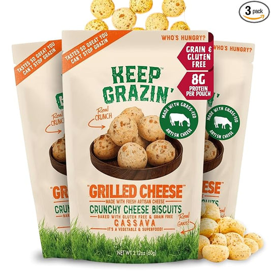 Keep Grazin Grain Free Crunchy Cheese Biscuits - Grilled Cheese Flavoured | 2.12 Ounce (Pack of 3) | Gluten & Sugar-Free, Non-GMO Protein Snacks - Baked with 100% Grass-Fed Cheese & Cassava Flour