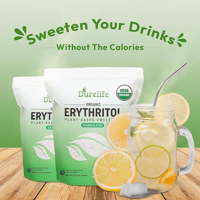 Durelife USDA organic erythritol sweetener, non gmo verified, Keto certified, No After Taste, Kosher, Zero Calorie Plant-Based Sugar Alternative 5 LB