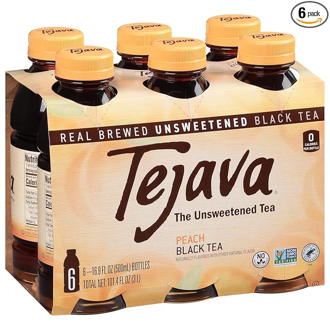 Tejava Peach Black Tea, 6 Pack 16.9 oz PET, Unsweetened, Ready-to-Drink Premium Iced Tea