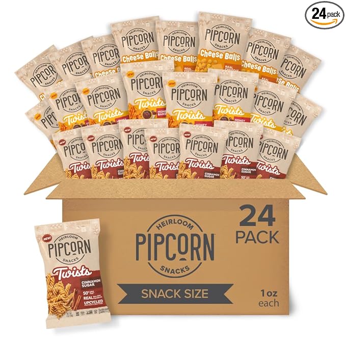 Heirloom Puffed Snacks Variety Pack by Pipcorn - 1oz 24pk - with Cheddar Cheese Balls, Honey BBQ Twists and Cinnamon Sugar Twists, Healthy Snacks, Gluten Free Snacks, Snack Variety Packs, Heirloom Corn
