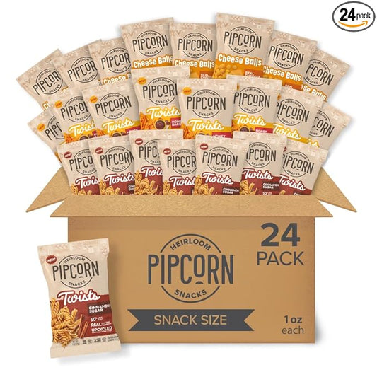 Heirloom Puffed Snacks Variety Pack by Pipcorn - 1oz 24pk - with Cheddar Cheese Balls, Honey BBQ Twists and Cinnamon Sugar Twists, Healthy Snacks, Gluten Free Snacks, Snack Variety Packs, Heirloom Corn