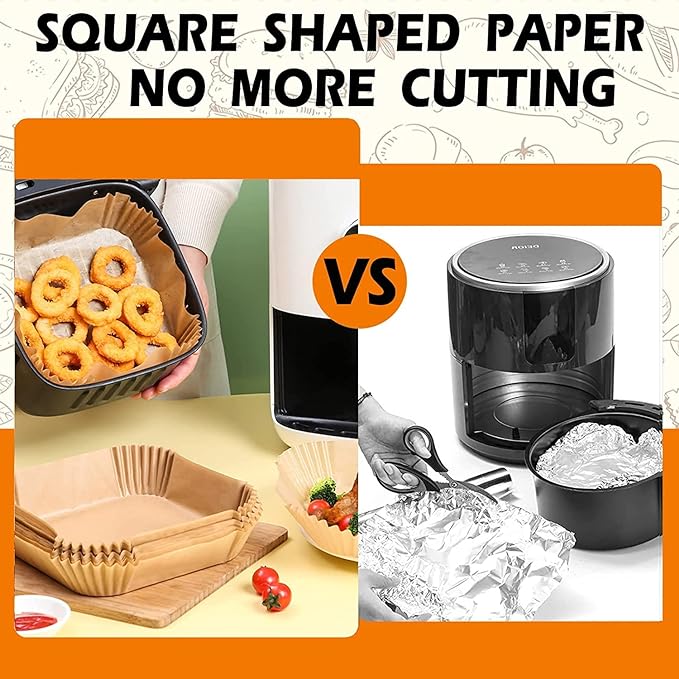 Air Fryer Disposable Paper Liners Square, 9 Inch Air Fryer Liner, Non-stick Parchment Paper Pads Oil Resistant, Waterproof, Food Grade Baking Paper for Roasting Microwave, 100PCS