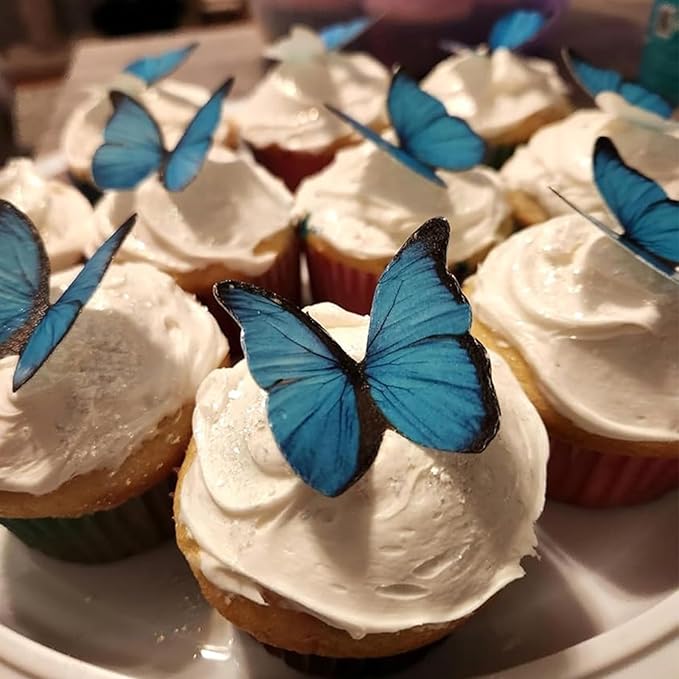 THJ 48Pcs 2" Edible Butterflies for Cake Decorating Wafer Paper Butterflies for Birthday Party Wedding Anniversary Cupcake Cake Decorations Supplies (Blue)