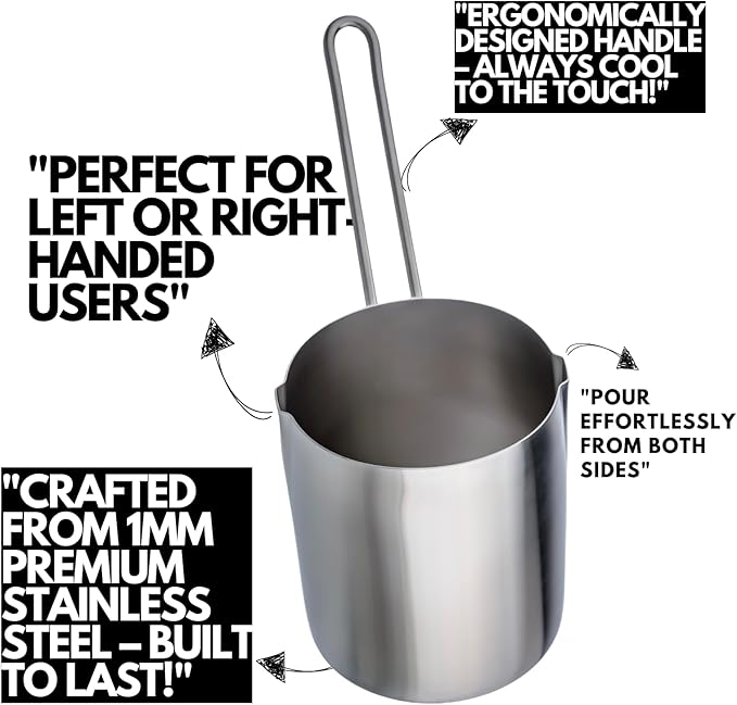 Turkish Coffee Pot Stainless Steel Cezve ??Small Milk Warmer Briki for Stove ??Coffee Boiler & Arabic Greek Coffee Maker ??Heat Resistant Handle (33.81 oz.)
