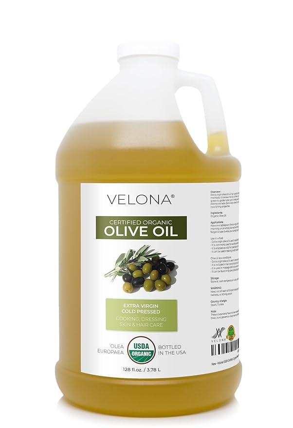 velona USDA Certified Organic Olive Oil -1 Gallon / 128 Fl Oz | 100% Pure and Natural Carrier Oil | Extra Virgin, Unrefined, Cold Pressed | Cooking, Dressing, Face, Hair, Body & Skin Care | Use Today - Enjoy Results