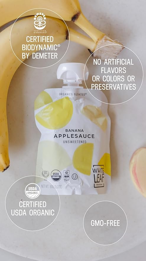 White Leaf Provisions Organic Banana Applesauce ??Regeneratively Farmed, No Added Sugar, Kosher, USDA, GMO & BPA free 3.2oz Pouches (Pack of 24)