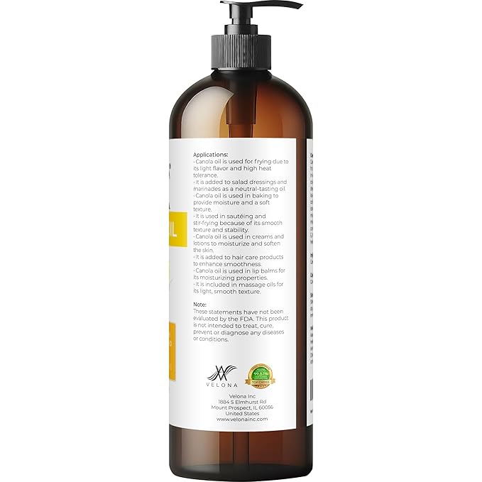 velona Canola Seed Oil 16 fl oz | 100% Pure and Natural Carrier Oil | Refined, Expeller pressed | Cooking, Dressing, Skin, Face, Body, Hair Care | Use Today - Enjoy Results