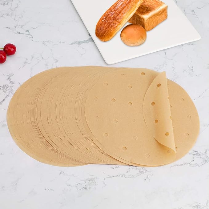 Beasea Air Fryer Parchment Paper 8 Inch, 200pcs Unbleached Fryer Disposable Paper Liners Round Air Fryer Filter Paper Perforated Parchment Paper Bamboo Steamer Papers for Air Fryer and Steaming Basket