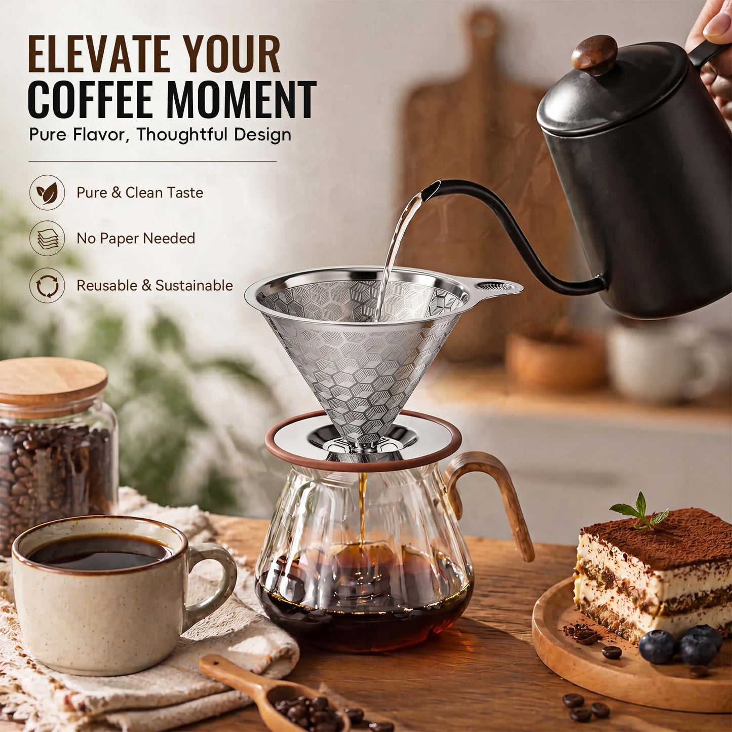Pour Over Coffee Dripper, Triple-Layer Stainless Steel 800-Mesh Filter #4