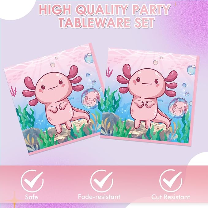 40Pcs Pink Cartoon Axolotl Birthday Party Decorations Reptile Animals Party Tableware Set Axolotl Party Paper Plates and Napkin訝쭮oys Girls Birthday,Baby Shower Axolotl Theme Party Supplies,Serve 20