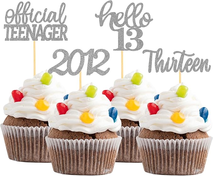 24Pcs Glitter 13th Birthday Cupcake Toppers, Hello 13th Birthday Cake Topper- 13th Birthday Decorations for Celebrating Official Teenager Thirteen Years Old Birthday Party Supplies (Silver)