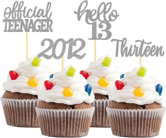 24Pcs Glitter 13th Birthday Cupcake Toppers, Hello 13th Birthday Cake Topper- 13th Birthday Decorations for Celebrating Official Teenager Thirteen Years Old Birthday Party Supplies (Silver)