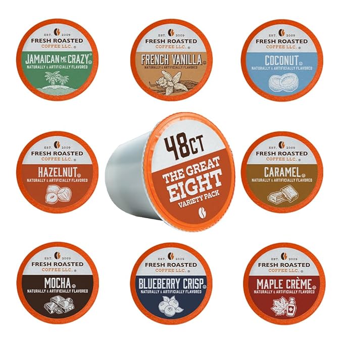Fresh Roasted Coffee, The Great Eight, Flavored Coffee Pod Variety Pack, K-Cup Compatible, 48 Count