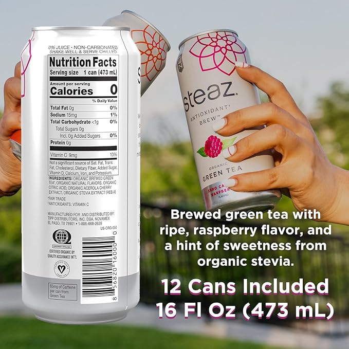 Steaz - Organic Green Tea - Zero Calorie Raspberry (12 Pack) - Antioxidant Brew - 65mg Natural Caffeine, Vitamin C - Stevia Sweetened Iced Tea - Vegan, Fair Trade - 12 Cans, 16 fl oz (473mL)