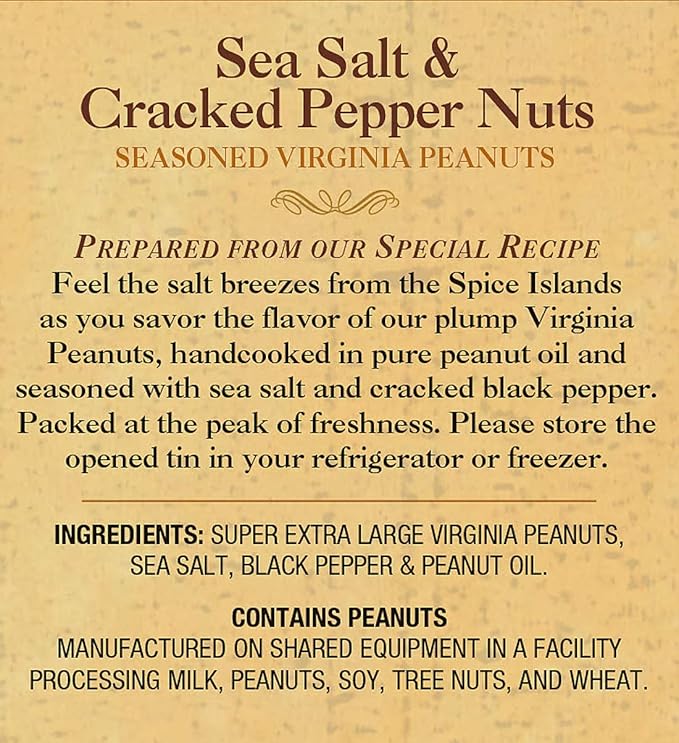 The Peanut Shop of Williamsburg Williamsburg Salted Virginia Peanuts, Salt and Pepper Peanuts with SEA Salt & Cracked Pepper, Gluten-Free Hand Cooked - 32 Oz Tin