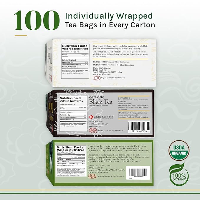 Uncle Lee's Organic White, Black, and Green Tea Variety 3-Pack ??Premium Organic Tea, Smooth, Bold, and Refreshing, Delicious Hot or Iced, 100 Count Ea