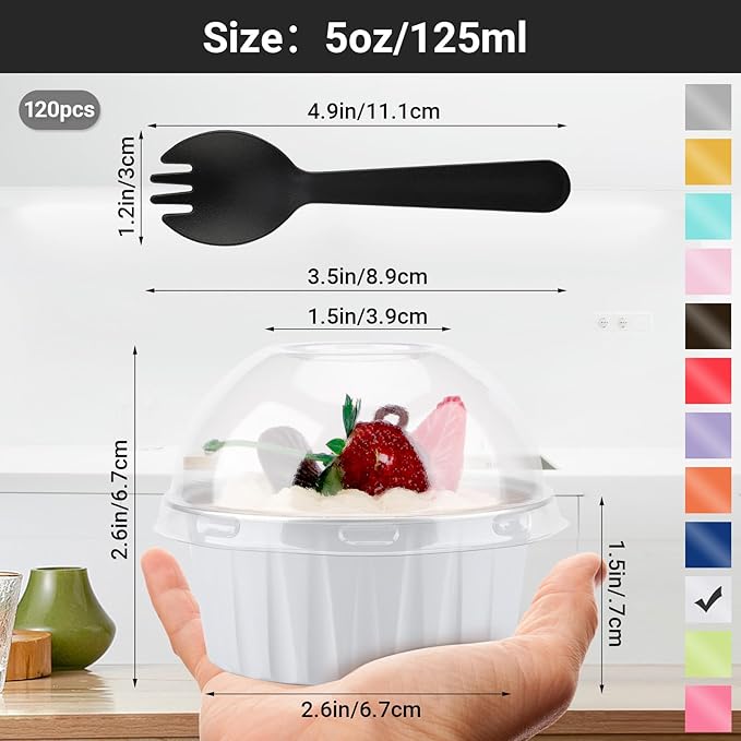 EUSOAR Mini Cheesecake Pans and Disposable Sporks, 120pcs 5oz Creme Brulee Ramekins Disposable, Foil Muffin Cupcake Liners Ramekins Baking Cups with Lids for Party Wedding Birthday Picnic Gathering