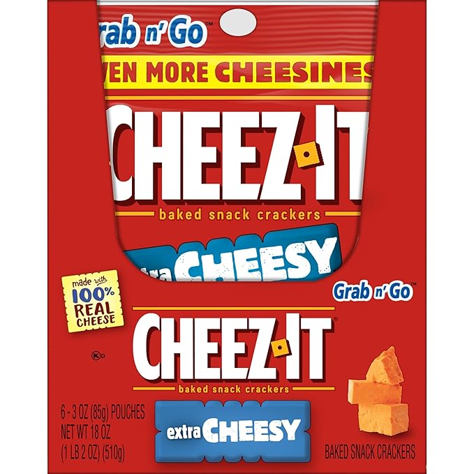 Cheez-It Cheese Crackers, Baked Snack Crackers, Lunch Snacks, Grab n' Go, Extra Cheesy, 6.75lb Case (36 Pouches)